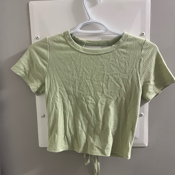 Sage Green Short Sleeve Crop Tie Front Top - Picture 2 of 2